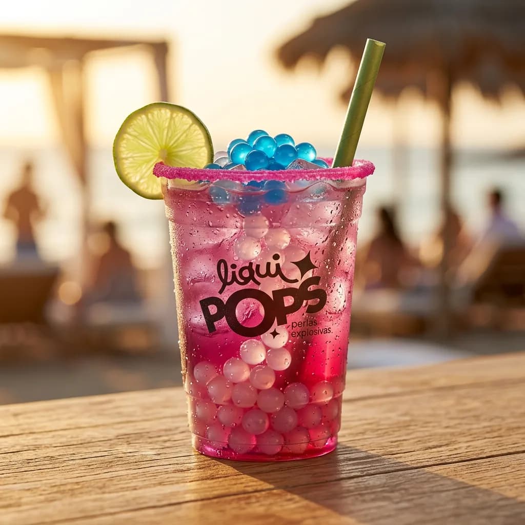 Soda loca de frutos rojos con perlas explosivas azules y de coco LiquiPops — vaso con limón en un club de playa