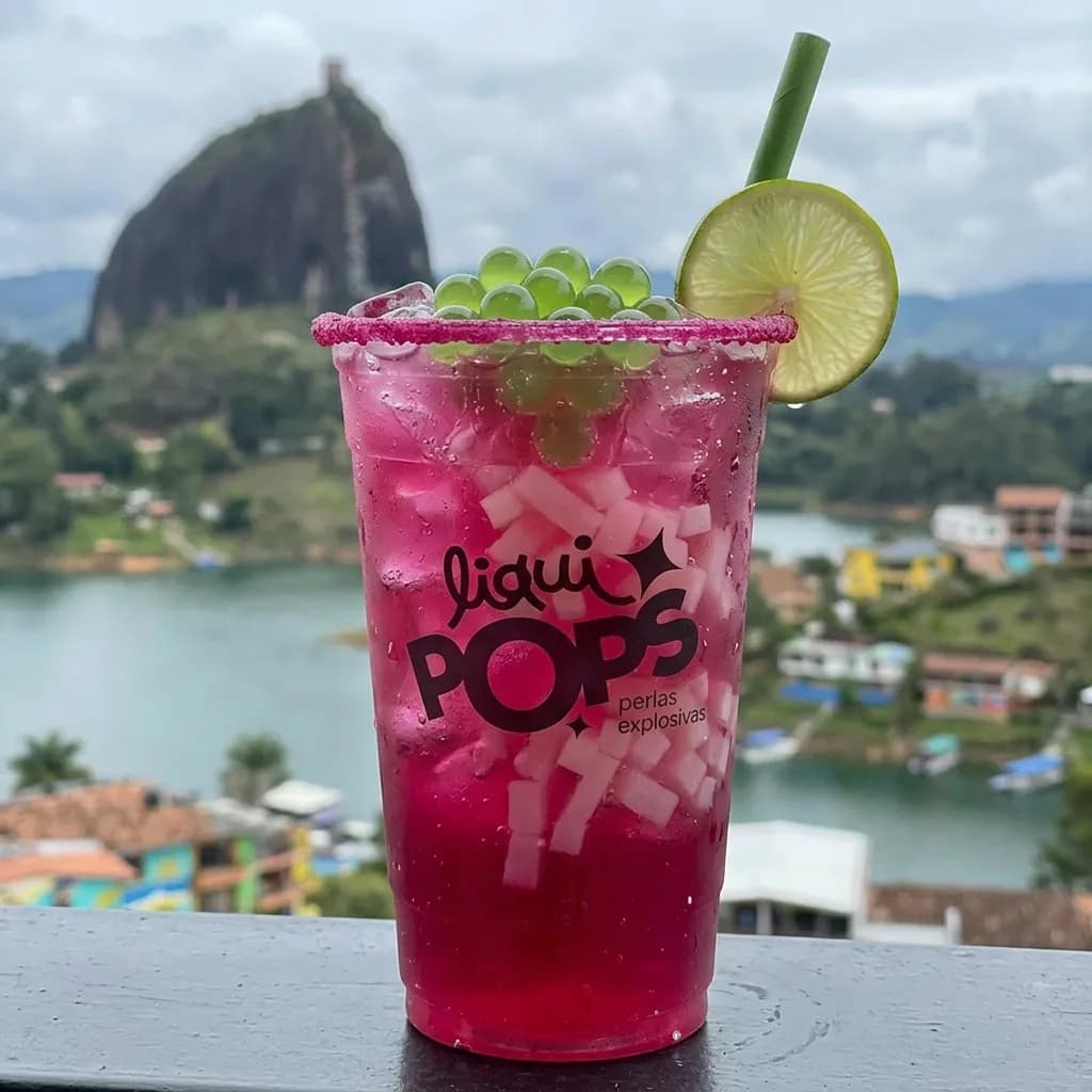 Soda loca rosada con perlas explosivas verdes LiquiPops — borde de chamoy, limón y trozos de coco, Piedra del Peñol de fondo