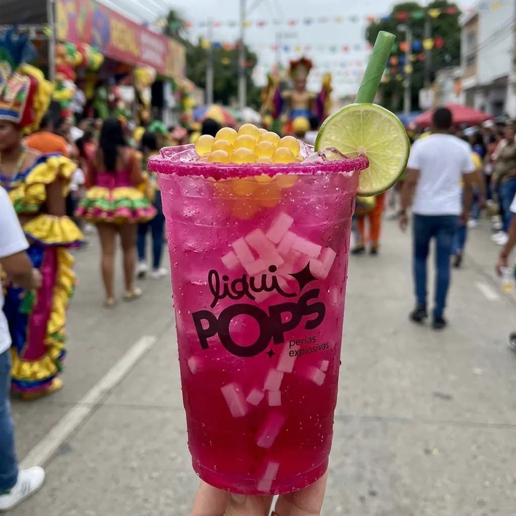 Soda loca fucsia con perlas explosivas amarillas LiquiPops — borde de chamoy, limón y trozos de coco, carnaval colombiano de fondo