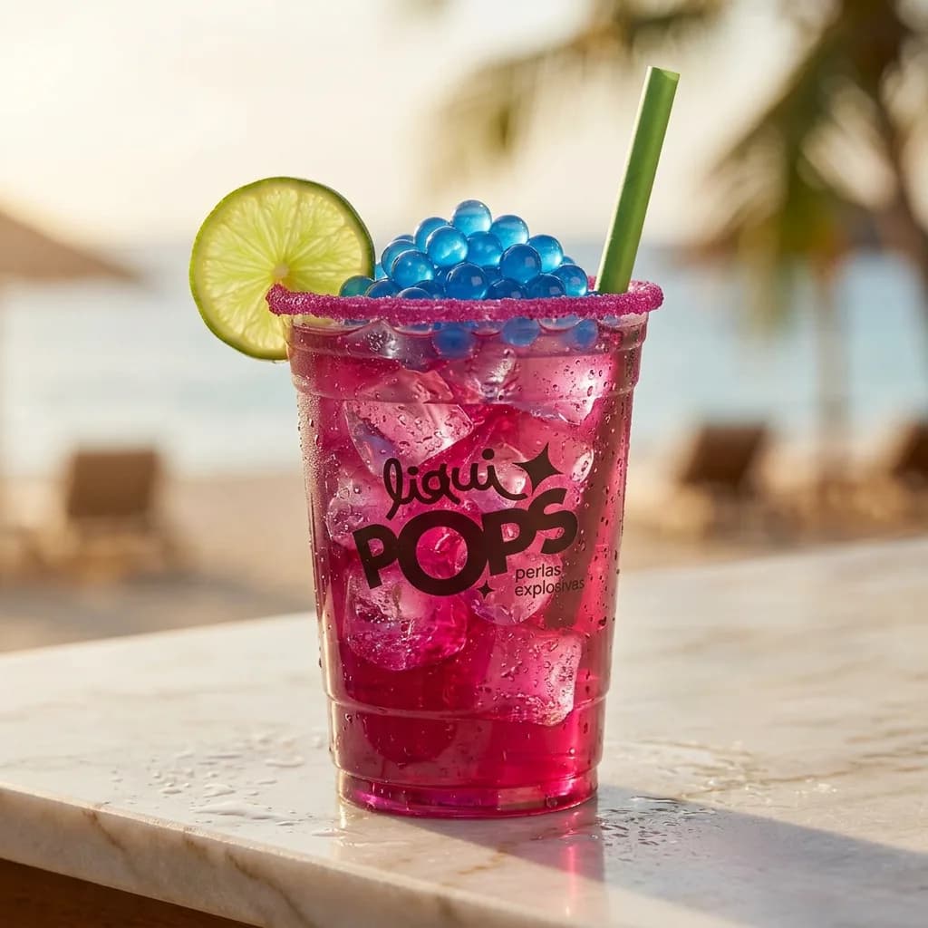 Soda loca fucsia con perlas explosivas LiquiPops sabor curazao azul, escarcha rosa y rodaja de limon — atardecer en la playa