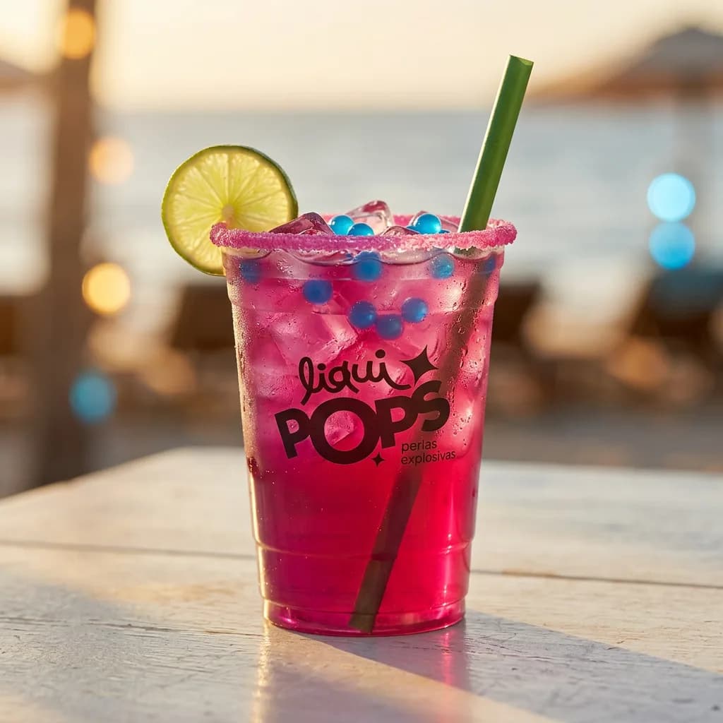 Soda loca fucsia con perlas explosivas LiquiPops sabor curazao azul, escarcha rosa y rodaja de limon — mesa de playa al atardecer