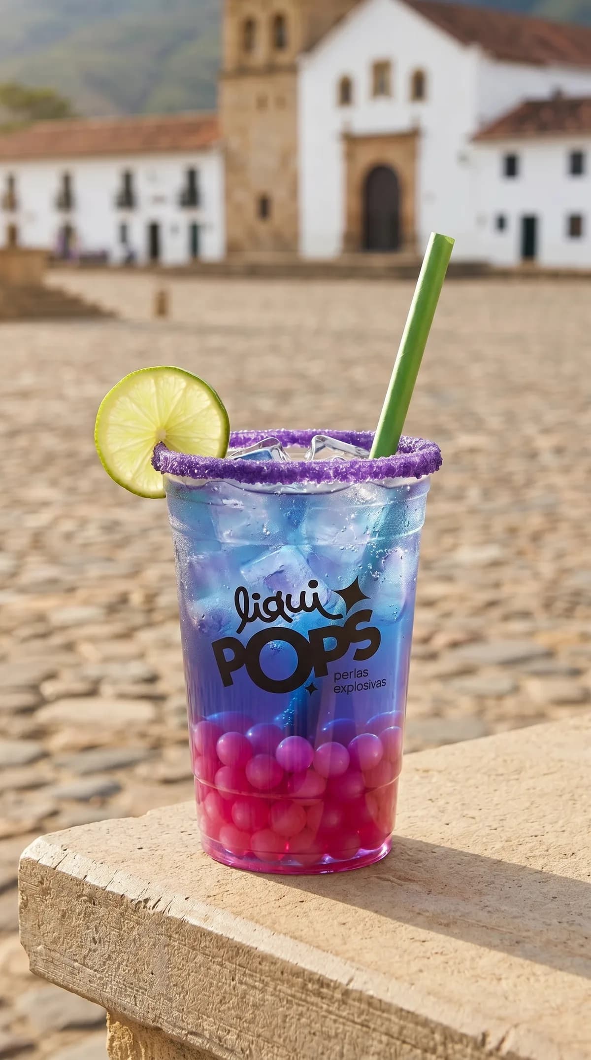 Soda loca degradado azul y morado con perlas explosivas rojas LiquiPops, en la plaza de Villa de Leyva