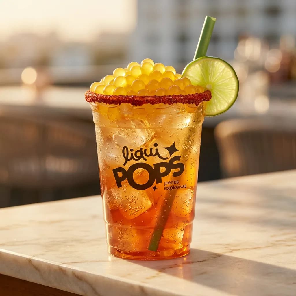 Soda loca de mango con perlas explosivas amarillas LiquiPops, escarchado de chile y rodaja de limon en una terraza