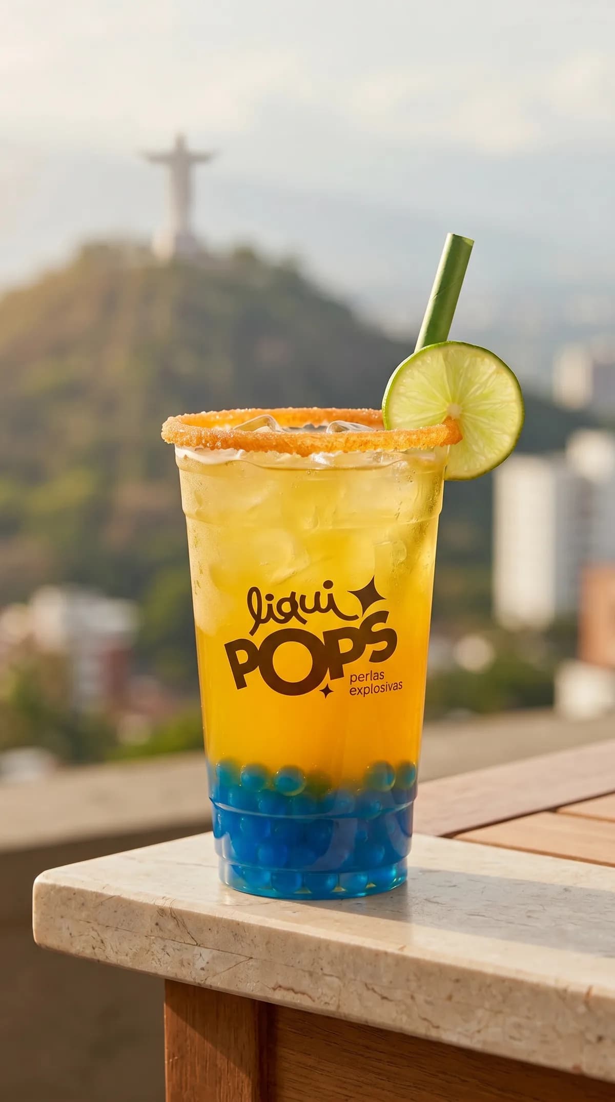 Soda loca de mango con perlas explosivas azules LiquiPops, borde escarchado y rodaja de limon sobre mesa de marmol