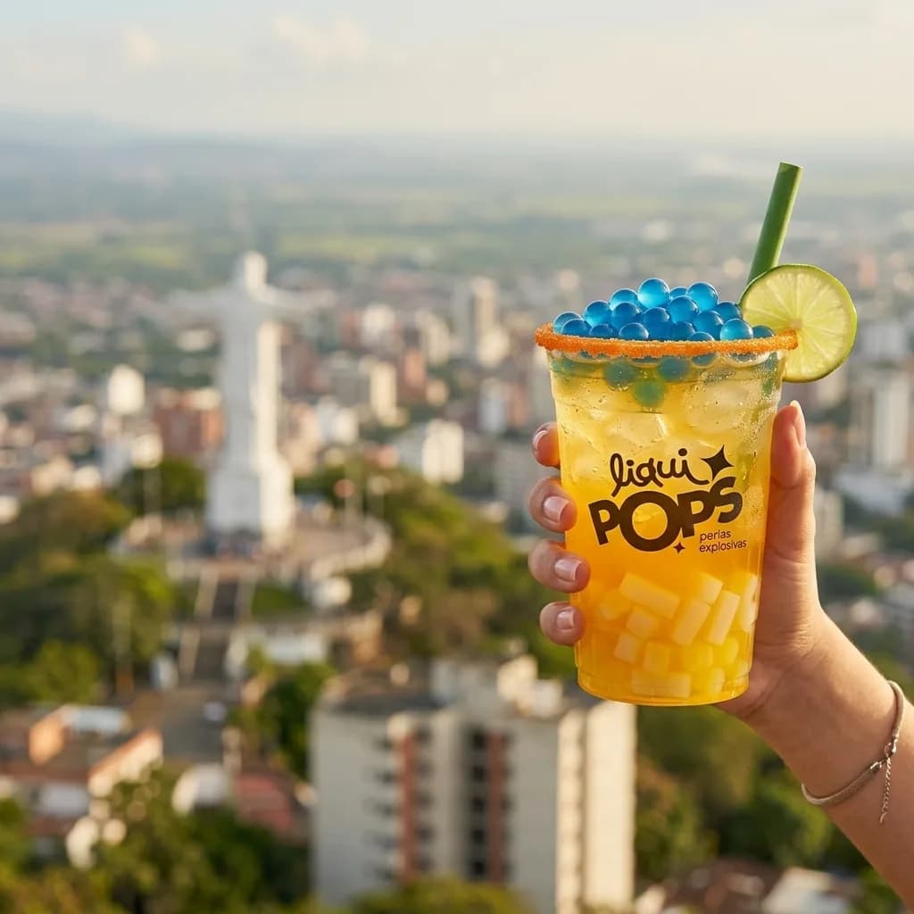 Soda loca de mango con perlas explosivas azules LiquiPops — vaso en mano con limón y trozos de mango, panorámica de ciudad colombiana