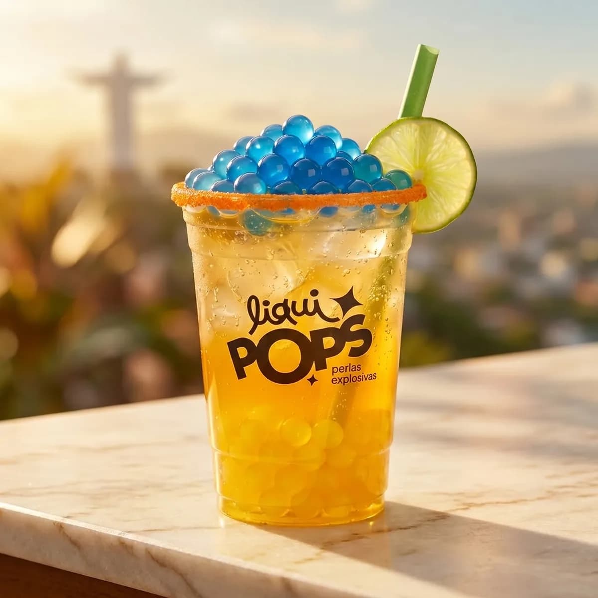 Soda loca amarilla de mango con perlas explosivas LiquiPops sabor curazao azul, escarcha naranja y limon — mirador de ciudad al fondo