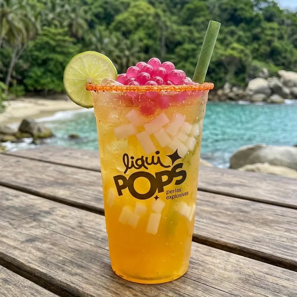 Soda loca de mango con perlas explosivas de fresa y cubos de coco LiquiPops, junto a una playa de aguas turquesa