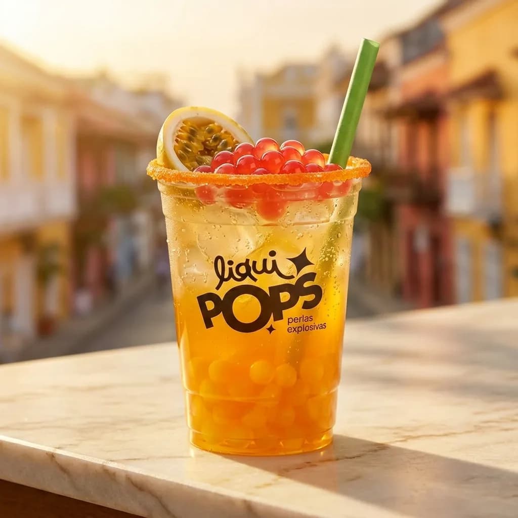 Soda loca de mango con perlas explosivas de fresa LiquiPops — vaso con escarcha naranja en una calle colonial