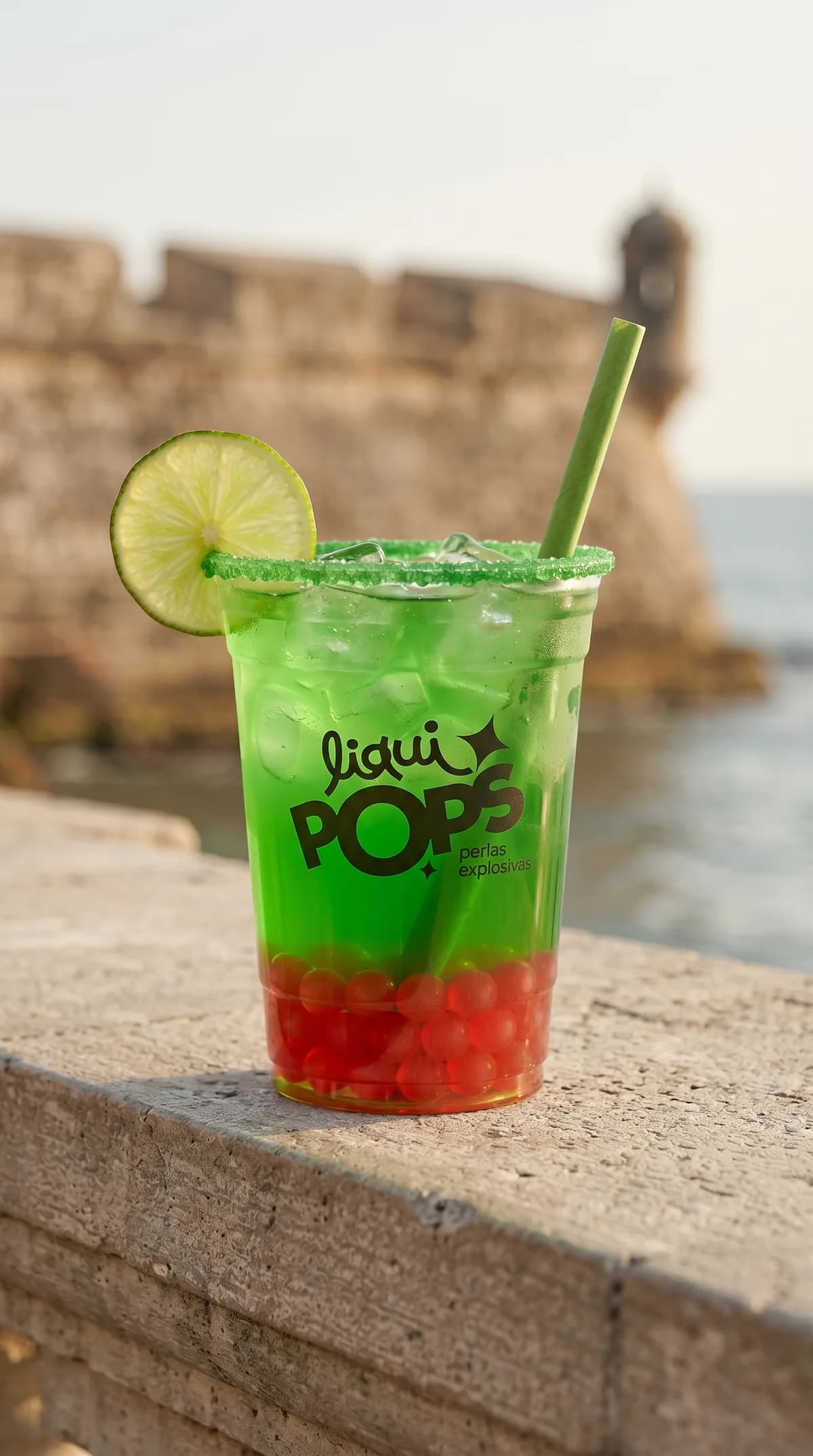 Soda loca verde manzana con perlas explosivas rojas LiquiPops y escarchado verde, junto al mar