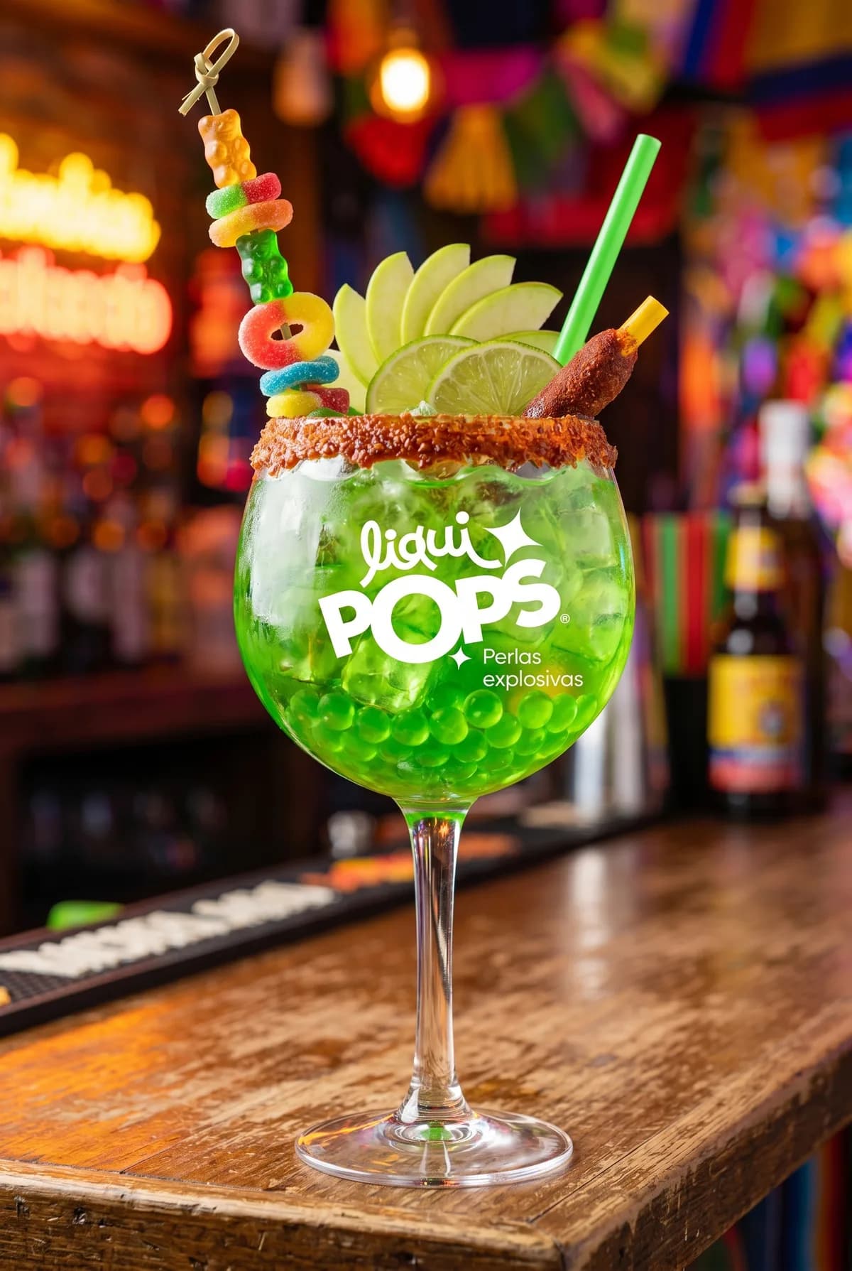 Copa de soda loca verde sabor manzana con perlas explosivas LiquiPops, rodajas de manzana y limón — ambiente decorado estilo mexicano