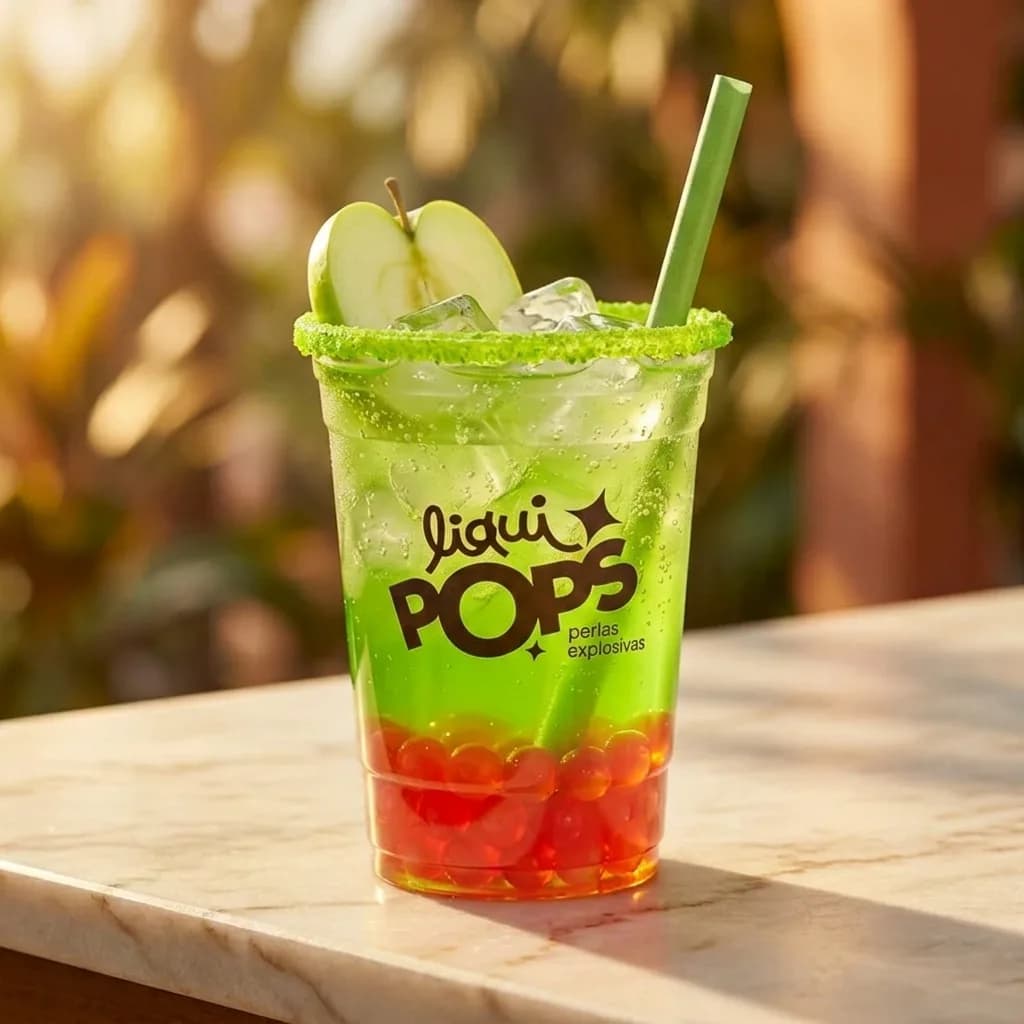 Soda de manzana verde con perlas explosivas rojas LiquiPops, borde escarchado verde y trozo de manzana, servida al aire libre