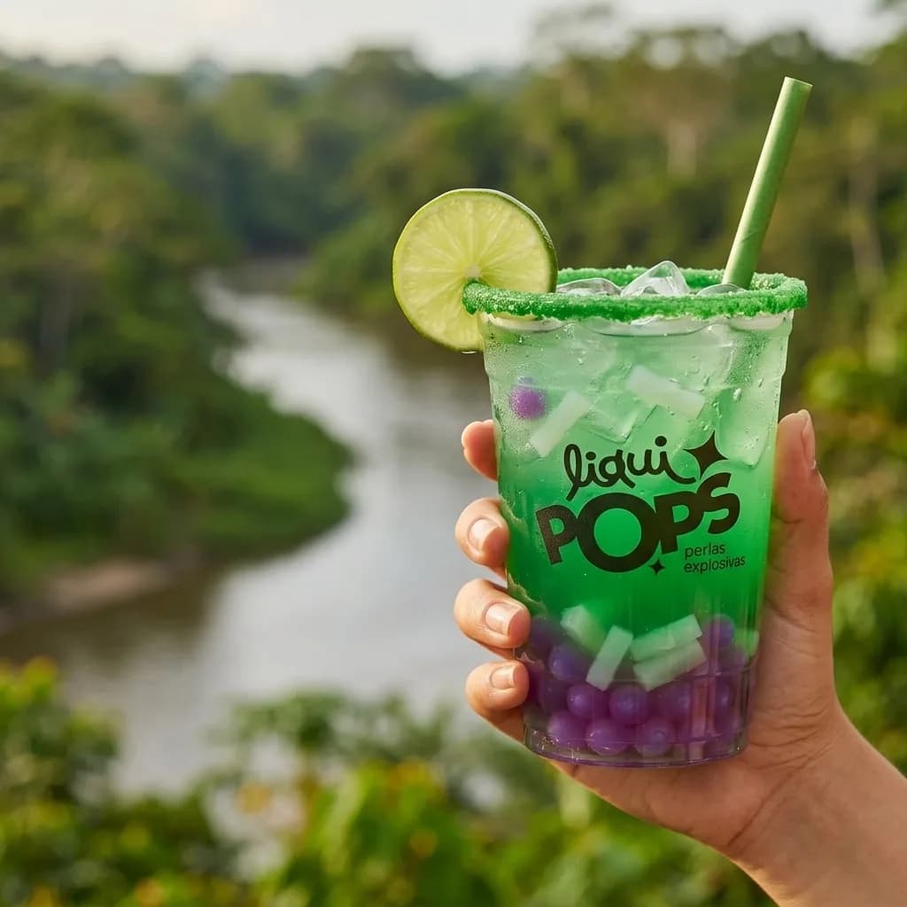 Soda loca verde con perlas explosivas moradas LiquiPops y jelly — vaso en mano frente a un río en la selva