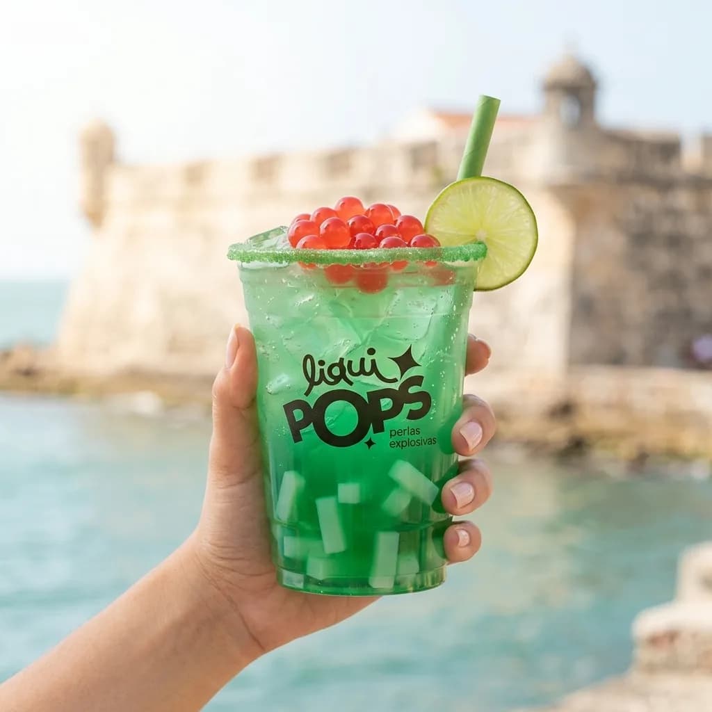 Soda loca verde de manzana con perlas explosivas rojas LiquiPops y escarchado verde, frente a una fortaleza junto al mar