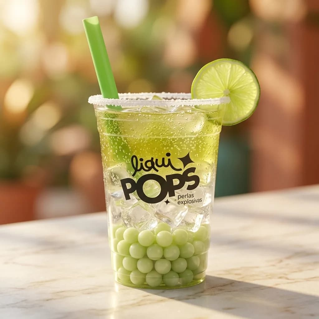 Soda loca de manzana verde con perlas explosivas LiquiPops verdes, escarchada y con rodaja de limon