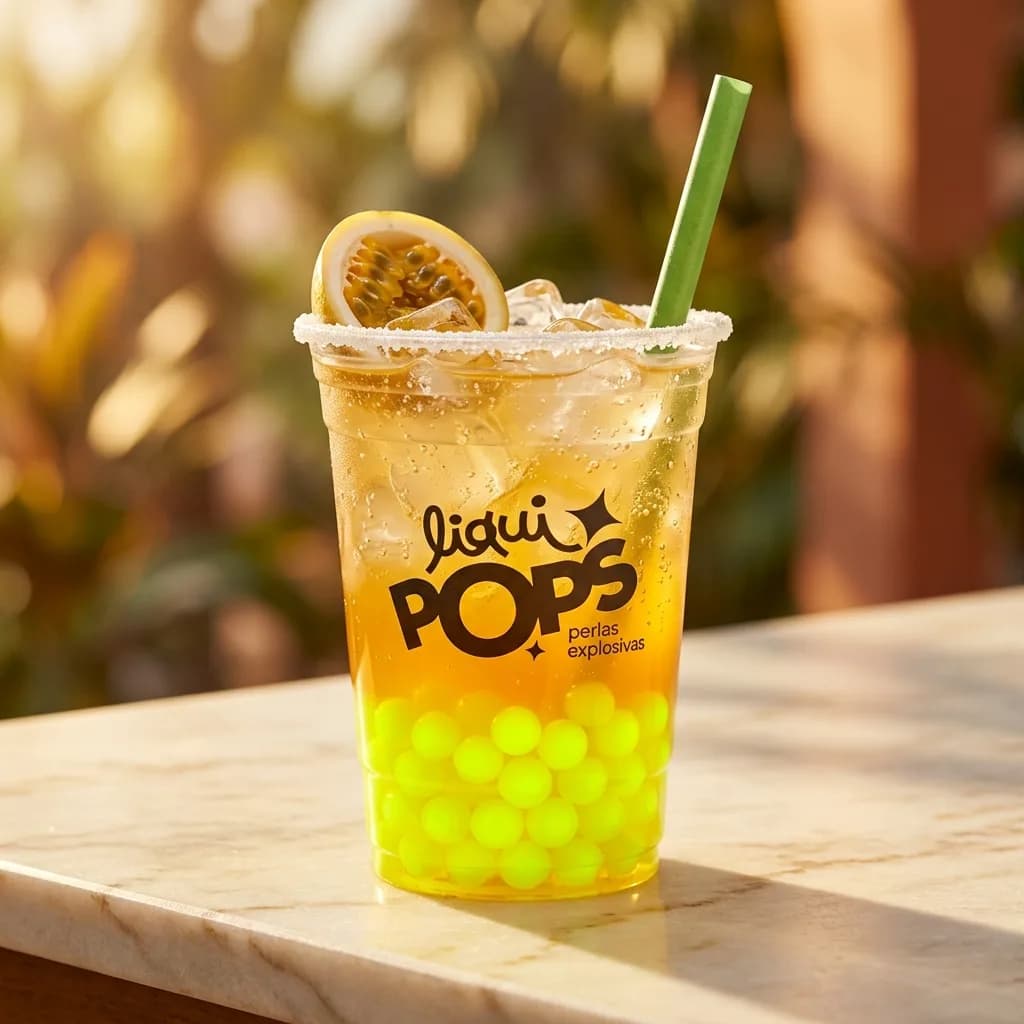 Soda loca de maracuya con perlas explosivas LiquiPops amarillas, escarchada y con rodaja de maracuya