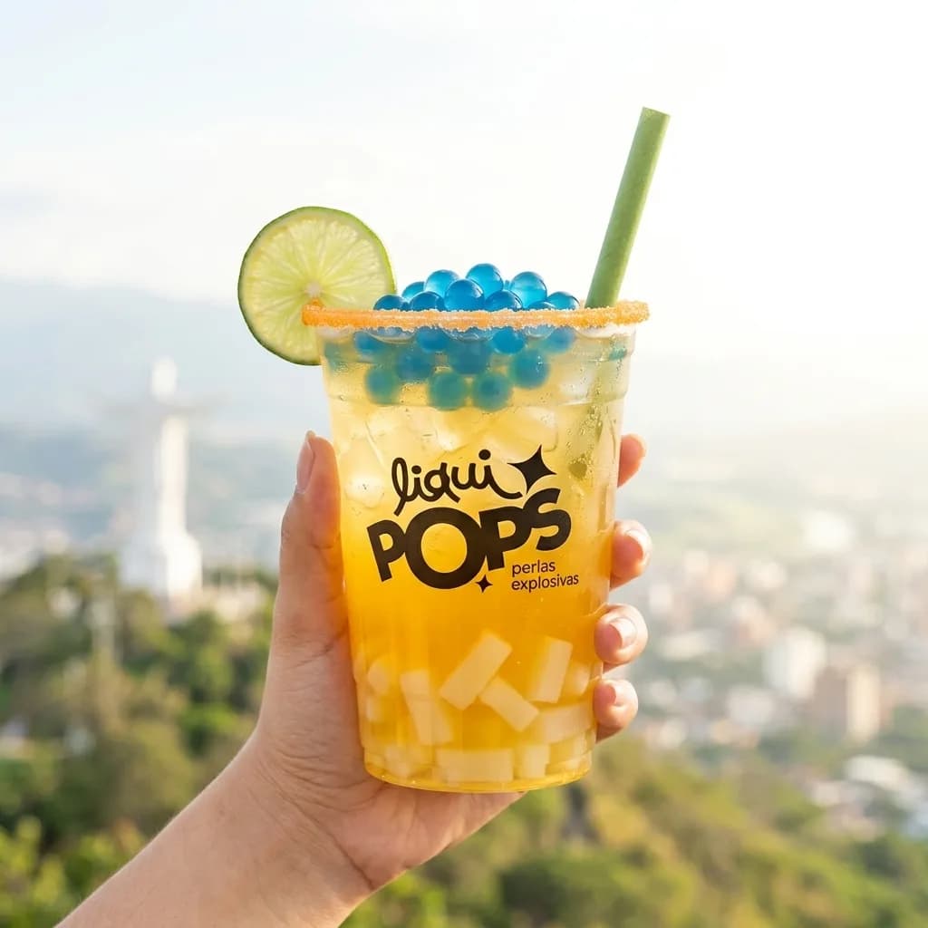 Soda loca amarilla de maracuya con perlas explosivas azules LiquiPops y escarchado naranja, con vista panoramica de la ciudad