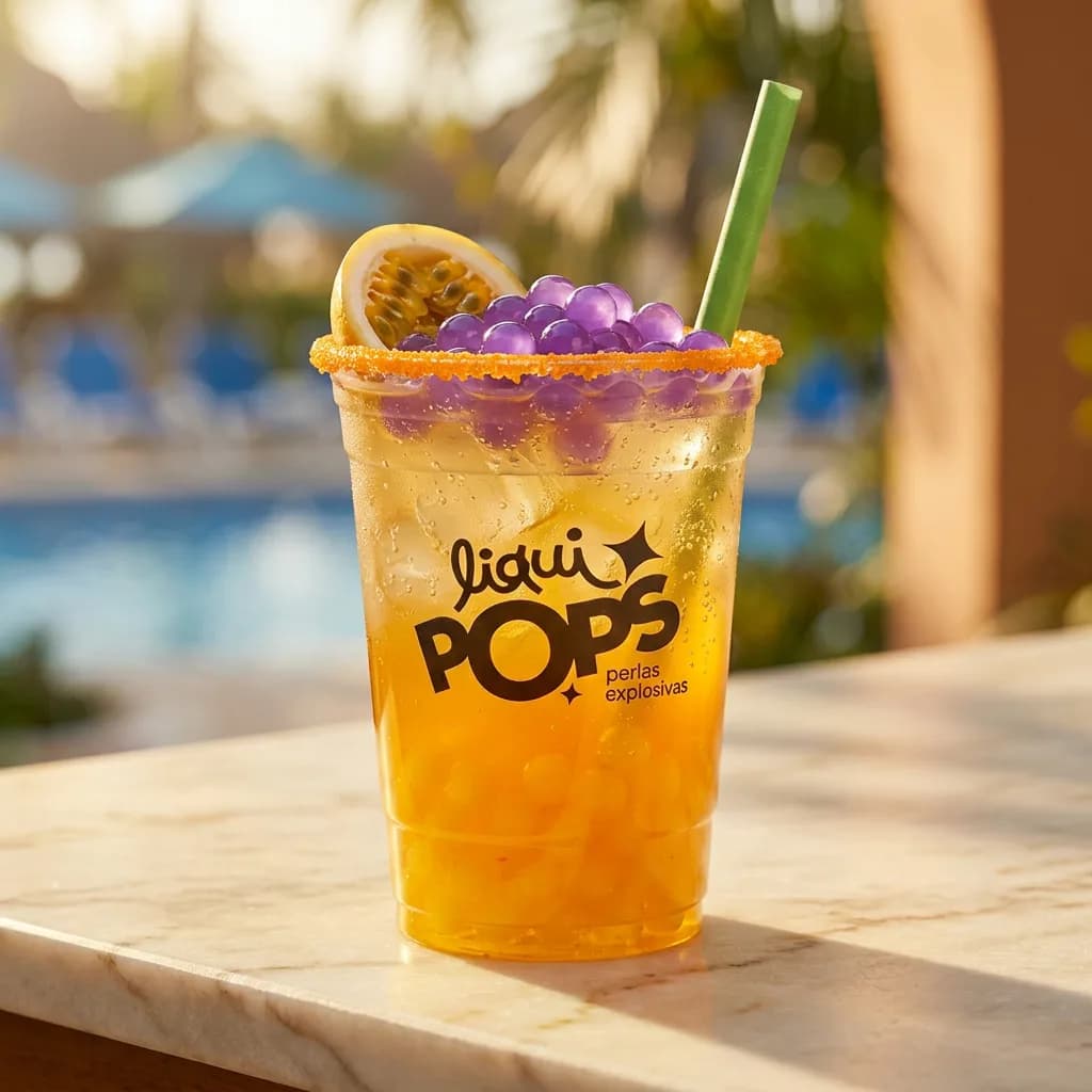 Soda loca de maracuya con perlas explosivas de uva LiquiPops y escarchado naranja, junto a la piscina