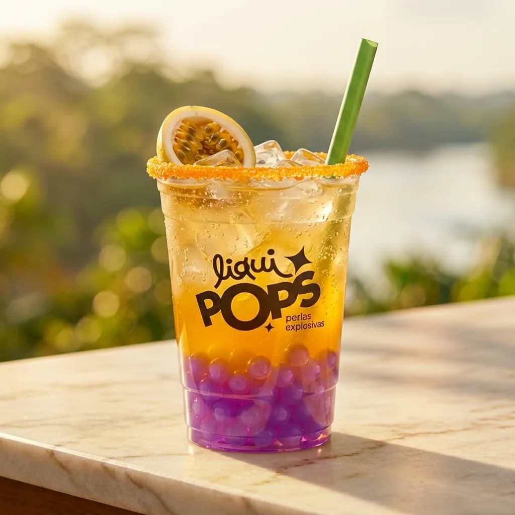 Soda loca de maracuya con perlas explosivas de uva LiquiPops y escarchado naranja, vista al rio