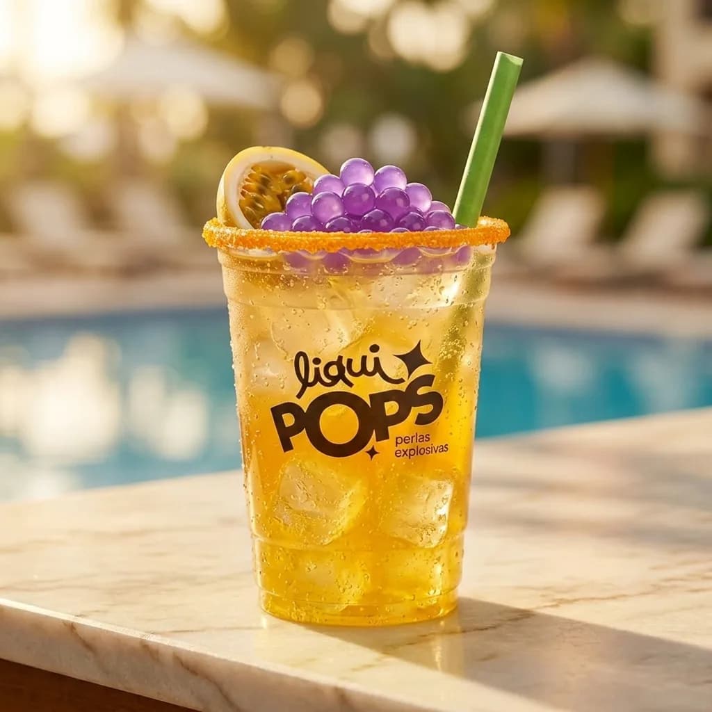 Soda loca de maracuya con perlas explosivas LiquiPops sabor uva, escarcha naranja y media maracuya — borde de piscina soleado