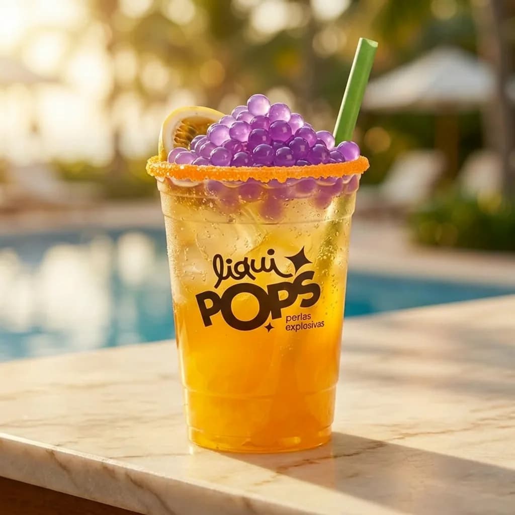 Soda loca de maracuya con perlas explosivas de uva LiquiPops y escarchado naranja junto a la piscina