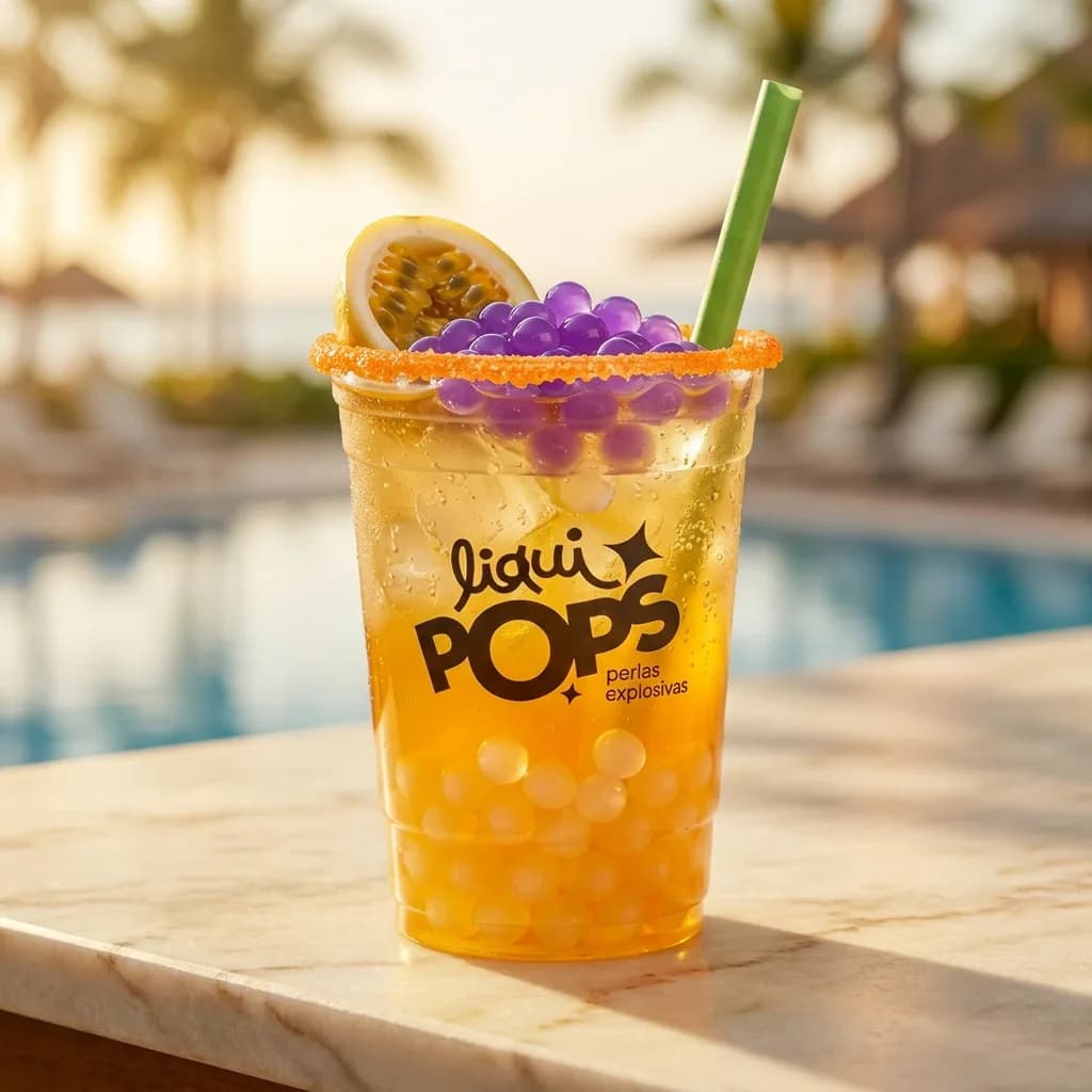 Soda loca de maracuyá con perlas explosivas de uva y de coco LiquiPops — vaso escarchado junto a la piscina