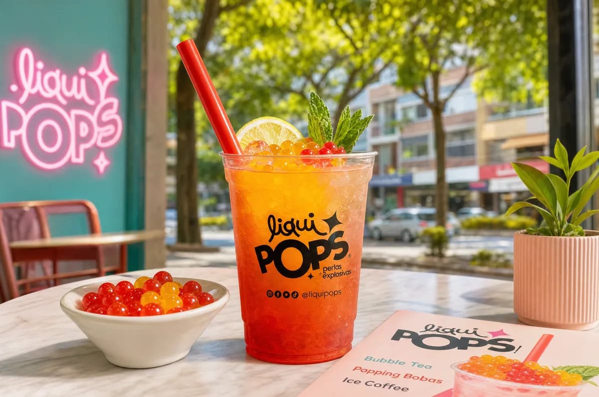 Soda loca degradada naranja y roja con perlas explosivas LiquiPops sobre hielo — bebida en mesa de cafetería