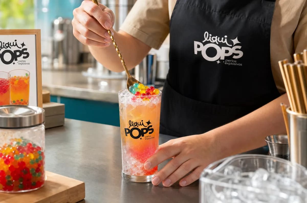 Persona con delantal LiquiPops prepara una bebida con hielo y perlas explosivas surtidas en la barra — escena de servicio