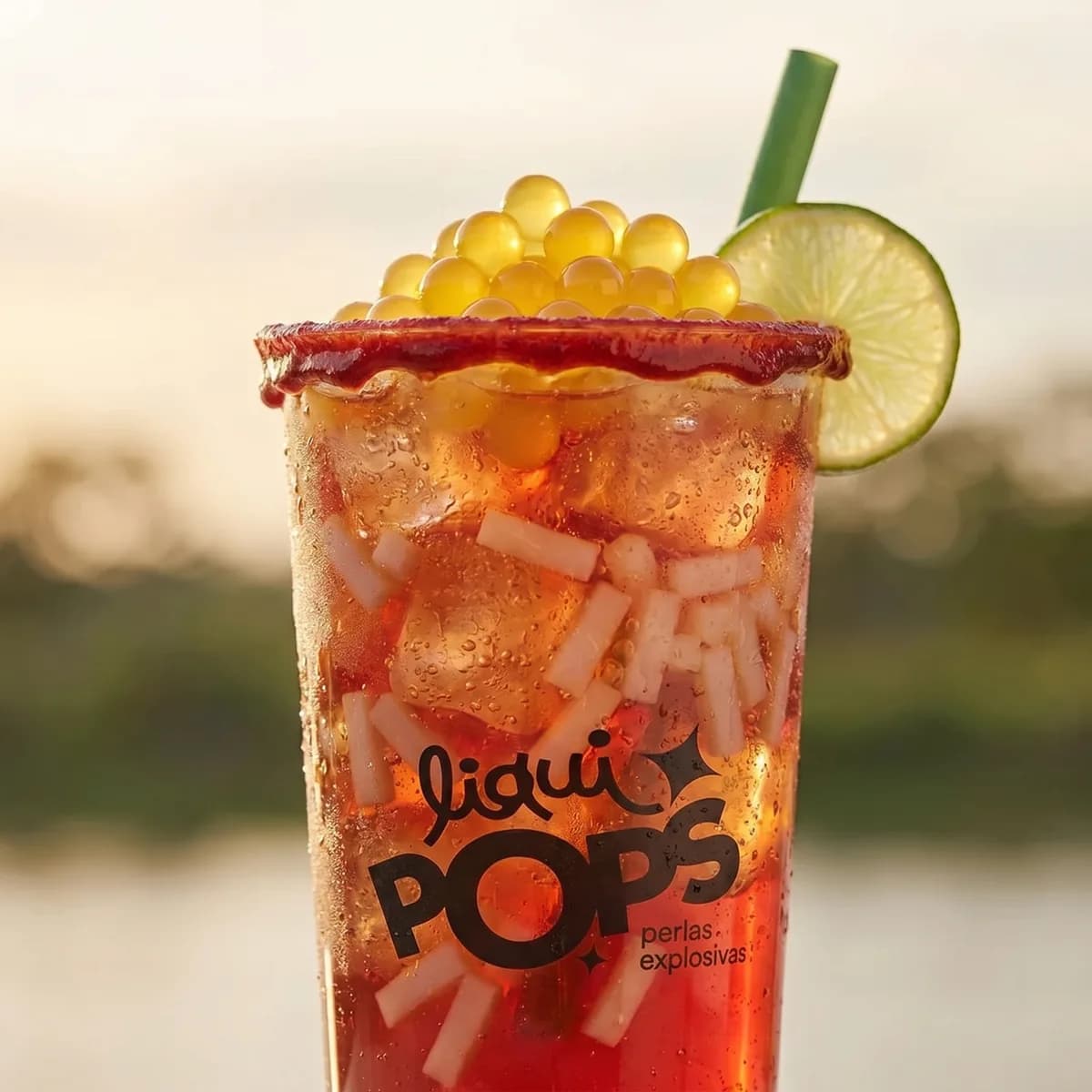 Soda loca roja con perlas explosivas amarillas LiquiPops y trozos de coco — vaso alto escarchado de chamoy con rodaja de lima, al atardecer junto al río