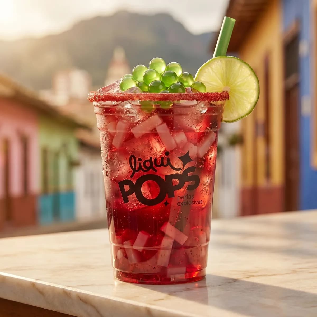 Soda loca roja con perlas explosivas verdes LiquiPops — vaso escarchado con rodaja de lima en pueblo colorido al atardecer