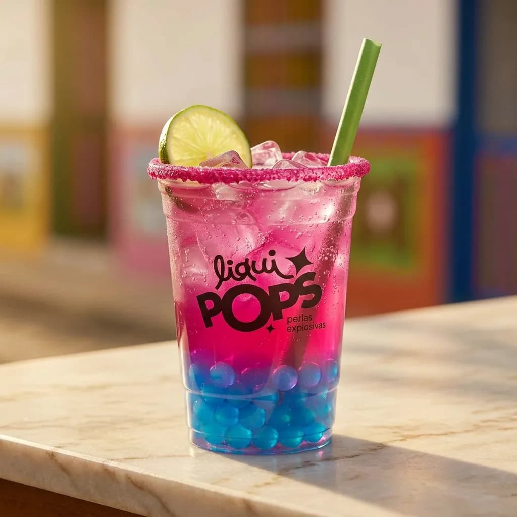 Soda loca bicolor rosa y azul con perlas explosivas azules LiquiPops, escarchado rosado y limon en un pueblo colorido