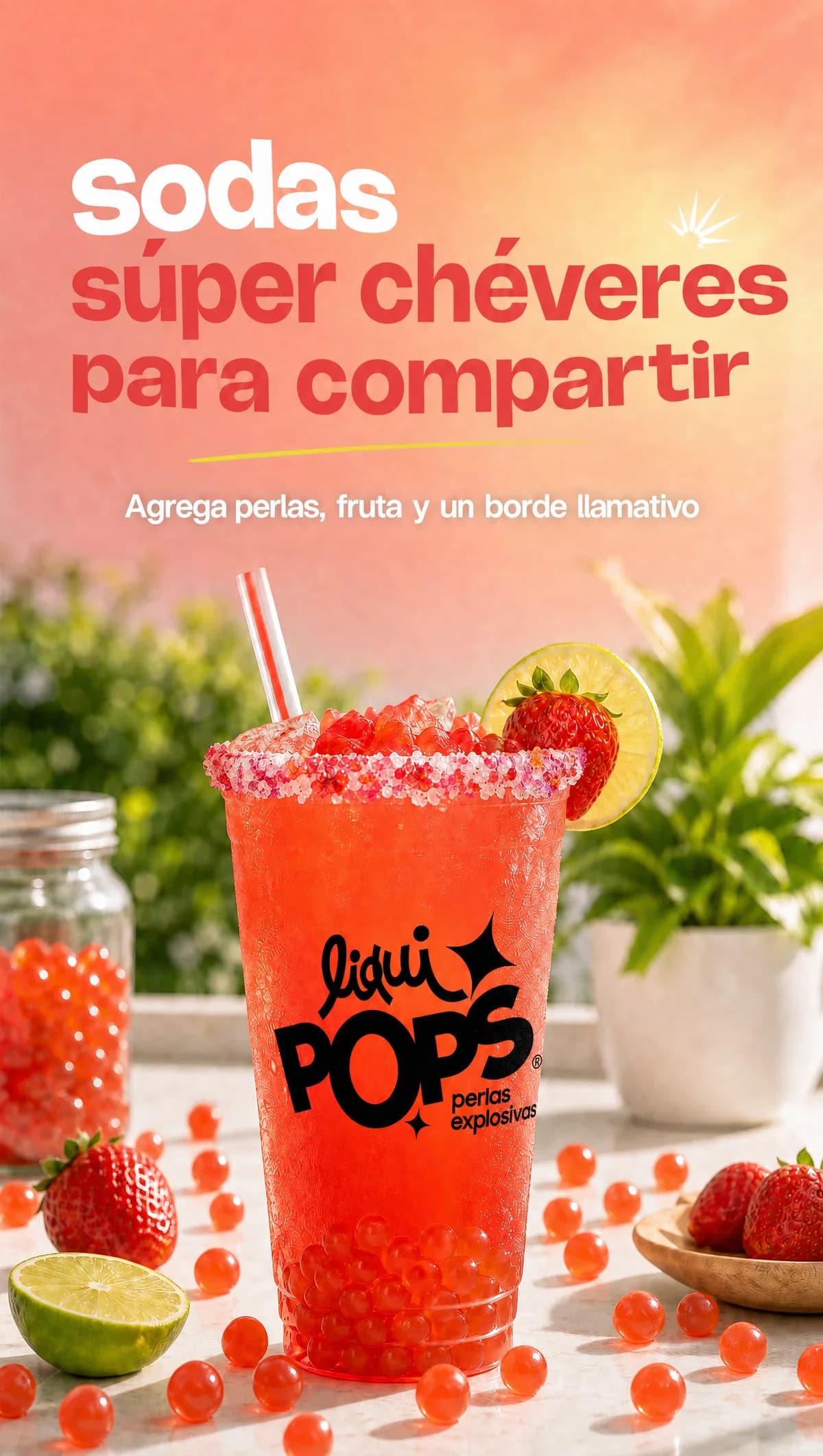 Soda loca de sandía con perlas explosivas rojas LiquiPops, borde escarchado, fresa y limón, lista para compartir