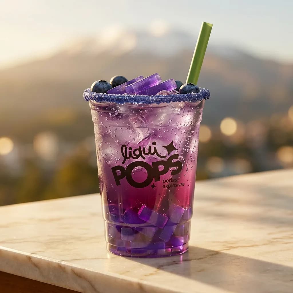 Soda loca de uva con jellys morados y perlas explosivas LiquiPops, escarchado azul con arandanos y vista a la montaña