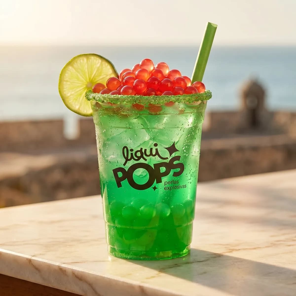 Soda loca verde con perlas explosivas LiquiPops sabor cereza, escarcha verde y limon — vista al mar con muralla al fondo