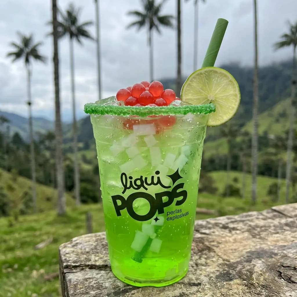 Soda loca verde con perlas explosivas rojas LiquiPops — borde escarchado, limón y trozos de coco, valle de palmas de cera de fondo