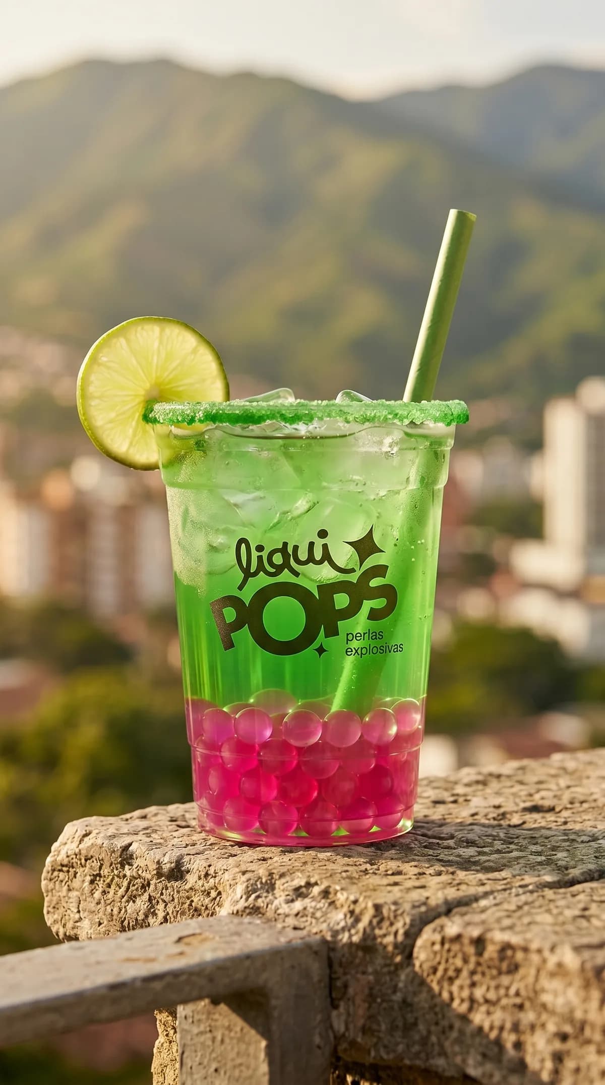 Soda loca verde con perlas explosivas rosadas de fresa LiquiPops y rodaja de limon, con paisaje de montana al fondo