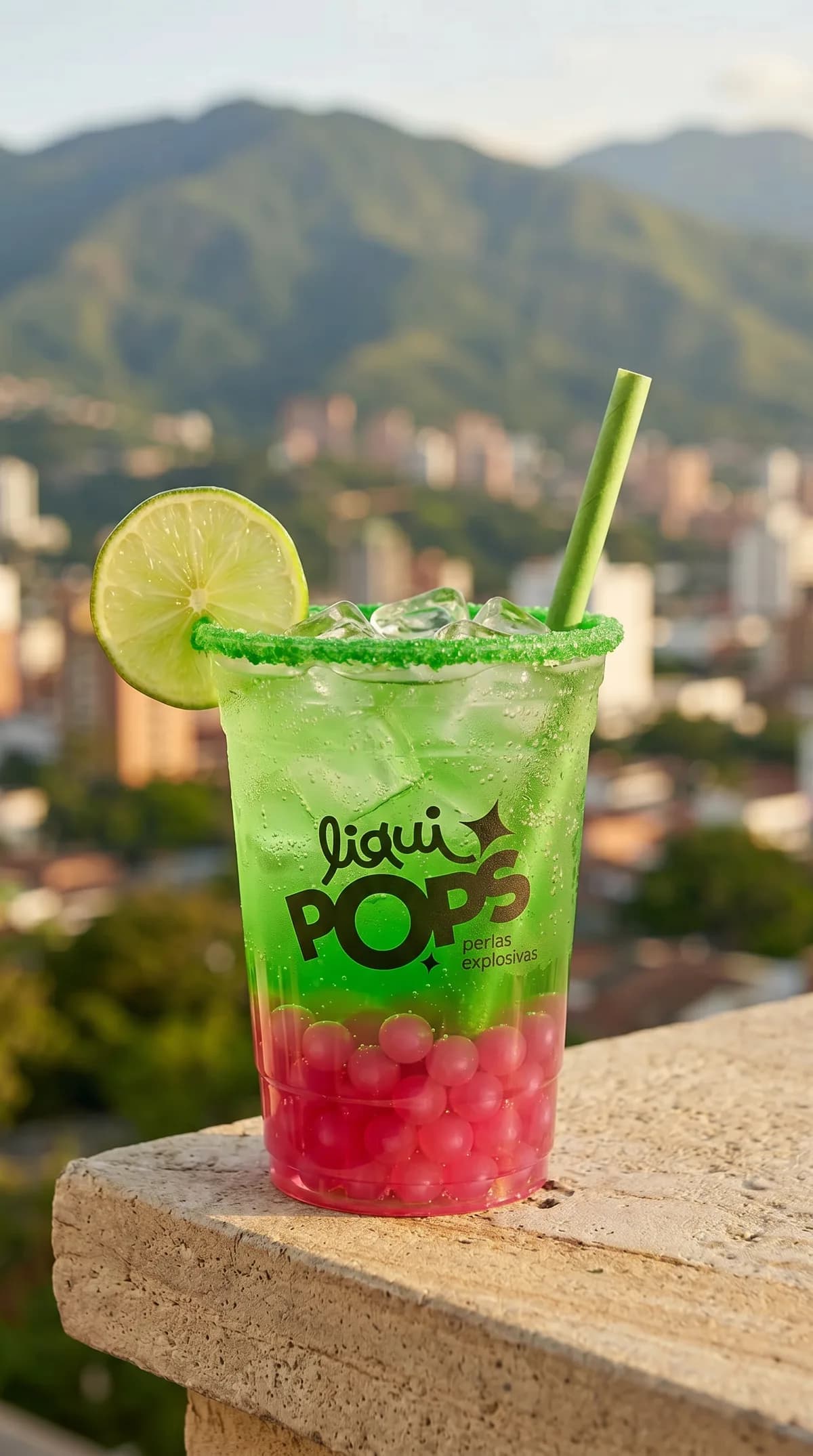 Soda loca verde con perlas explosivas rojas de sandia LiquiPops, con vista a la ciudad de Medellin