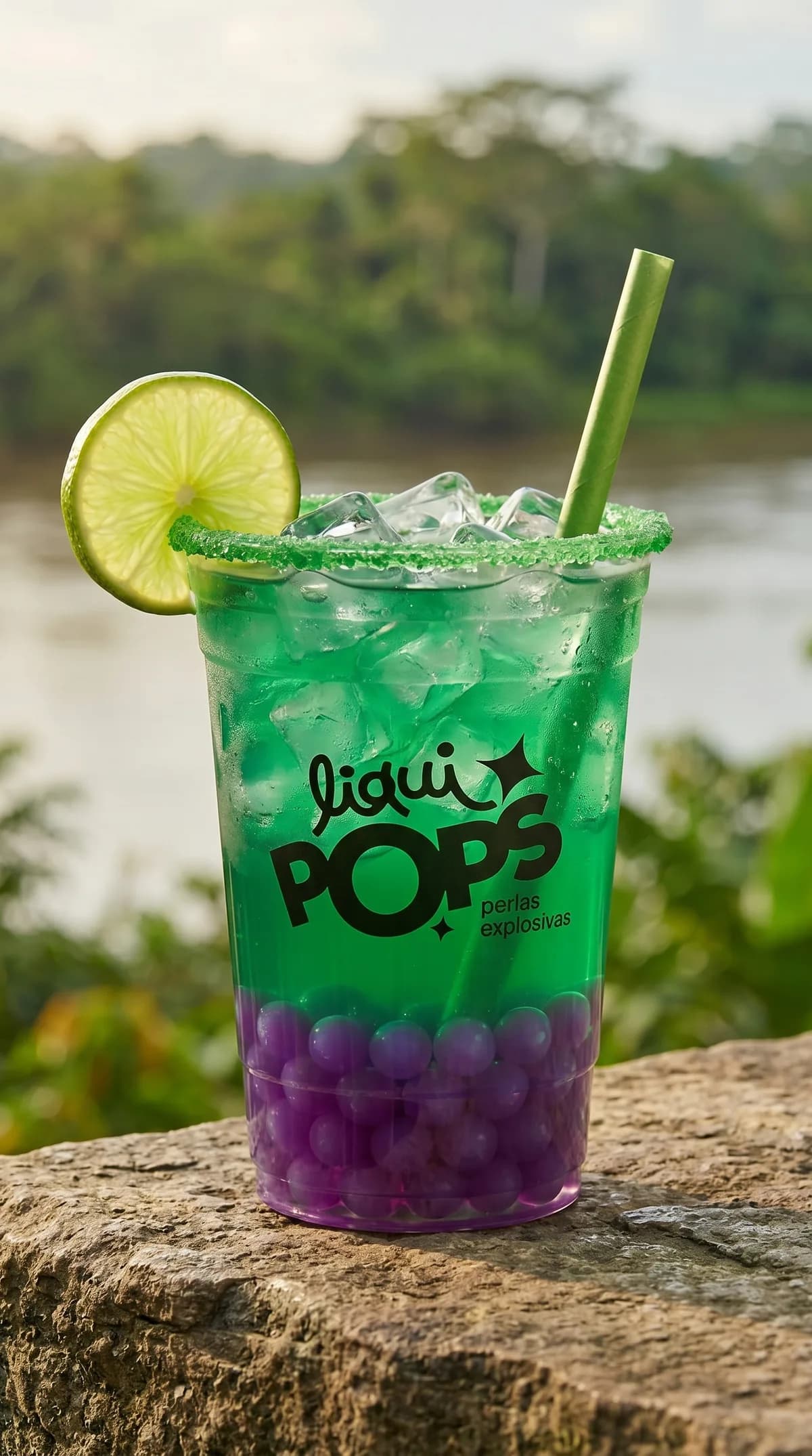 Soda loca verde con perlas explosivas moradas de uva LiquiPops, junto a un rio selvatico