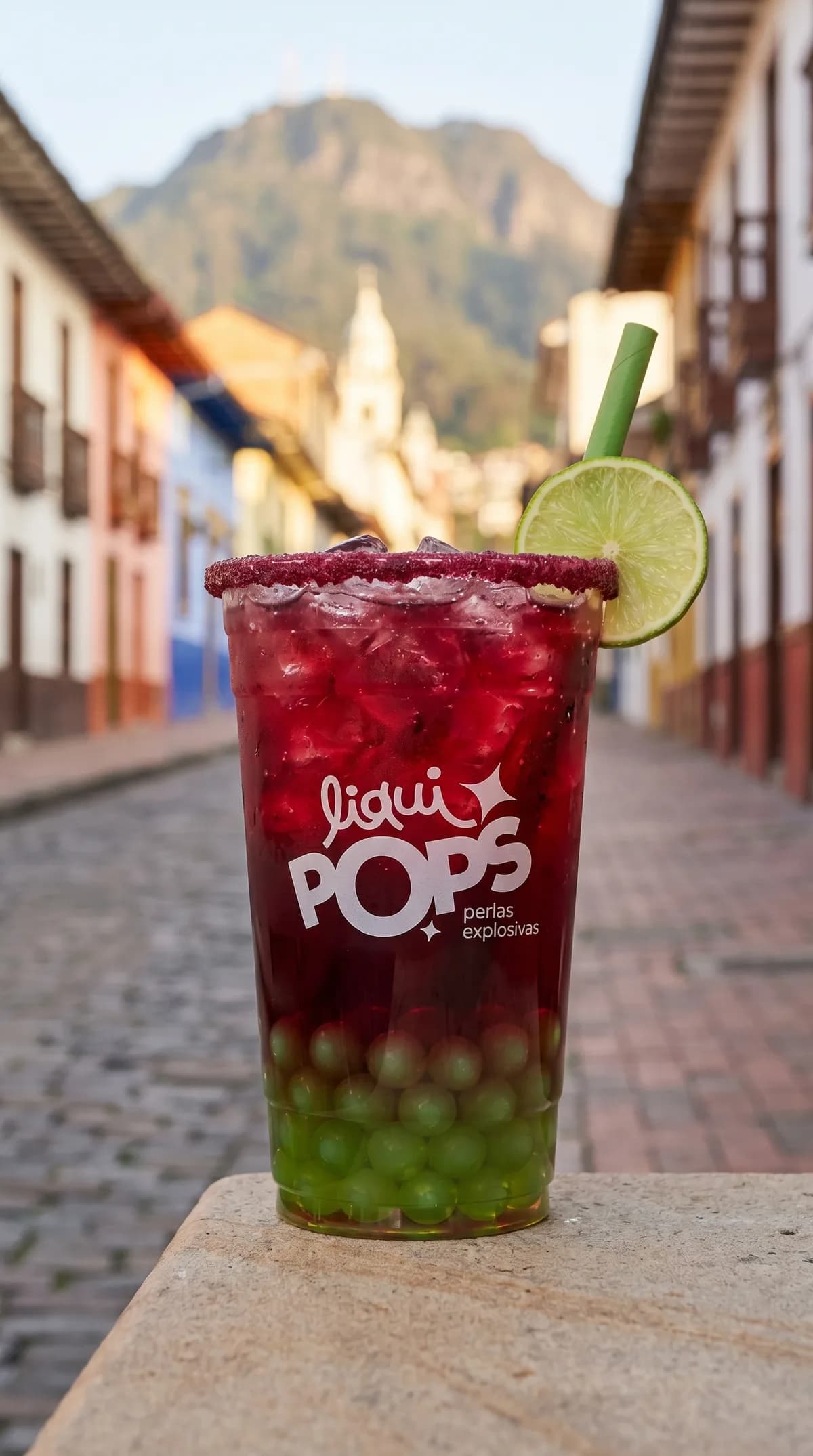 Soda loca color vino con perlas explosivas de manzana verde LiquiPops y rodaja de limon, en una calle empedrada de pueblo colonial