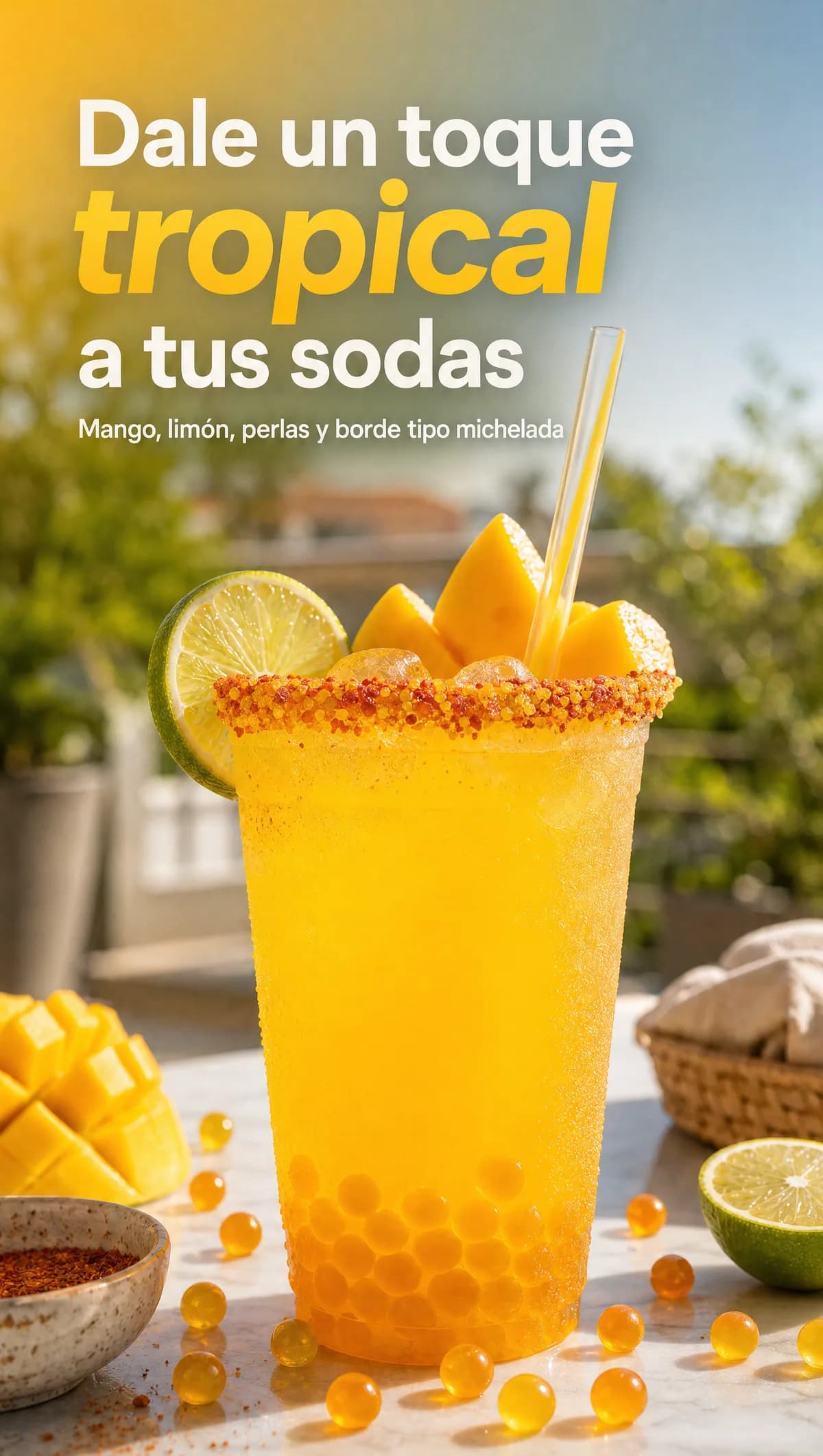 Soda de mango y limón con borde tipo michelada y perlas explosivas LiquiPops, decorada con trozos de mango y rodaja de limón — toque tropical para tus sodas