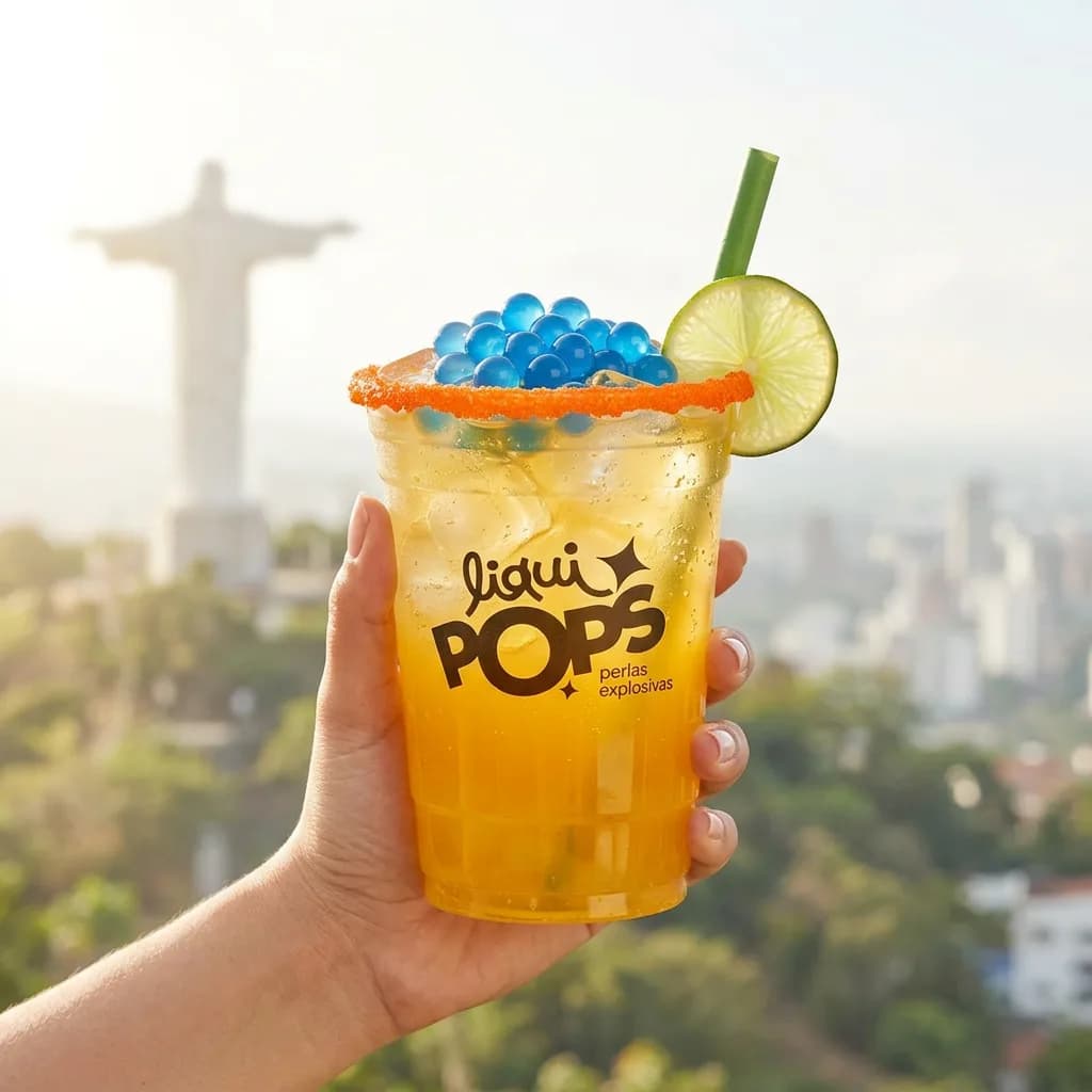 Mano sosteniendo una soda de mango con perlas explosivas azules LiquiPops y rodaja de limon, frente a una vista de la ciudad