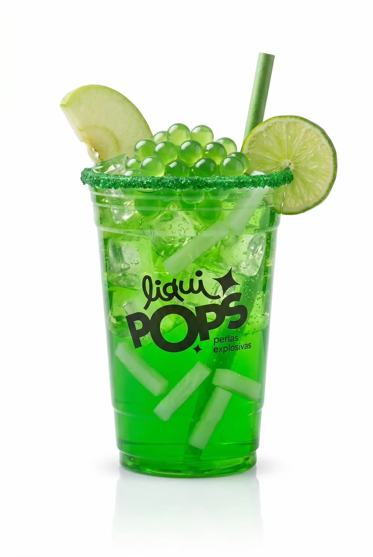 Soda de manzana verde con perlas explosivas verdes LiquiPops, jelly y escarchado verde — vaso decorado con manzana y limon