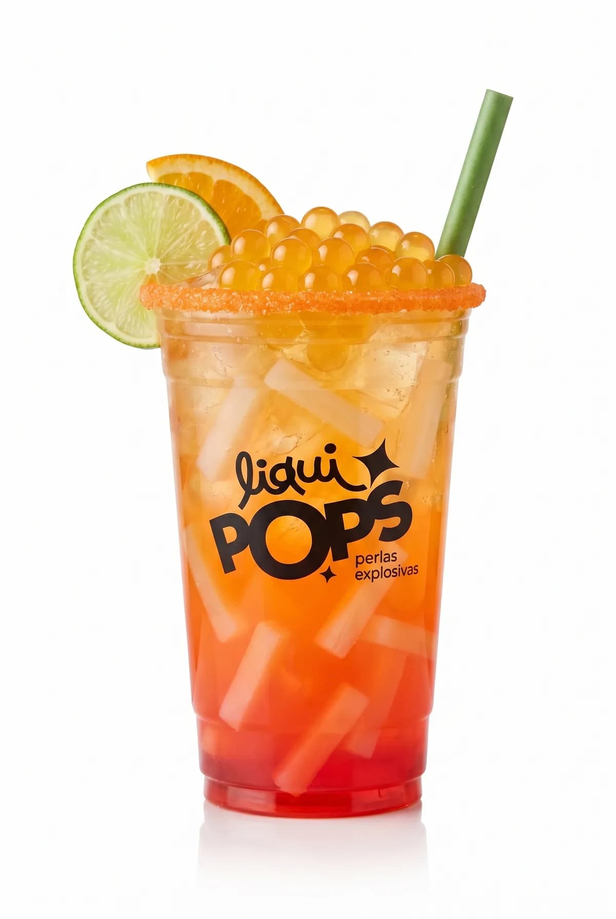 Soda degradada naranja estilo sunrise con perlas explosivas amarillas LiquiPops, jelly y escarchado — vaso decorado con naranja y limon