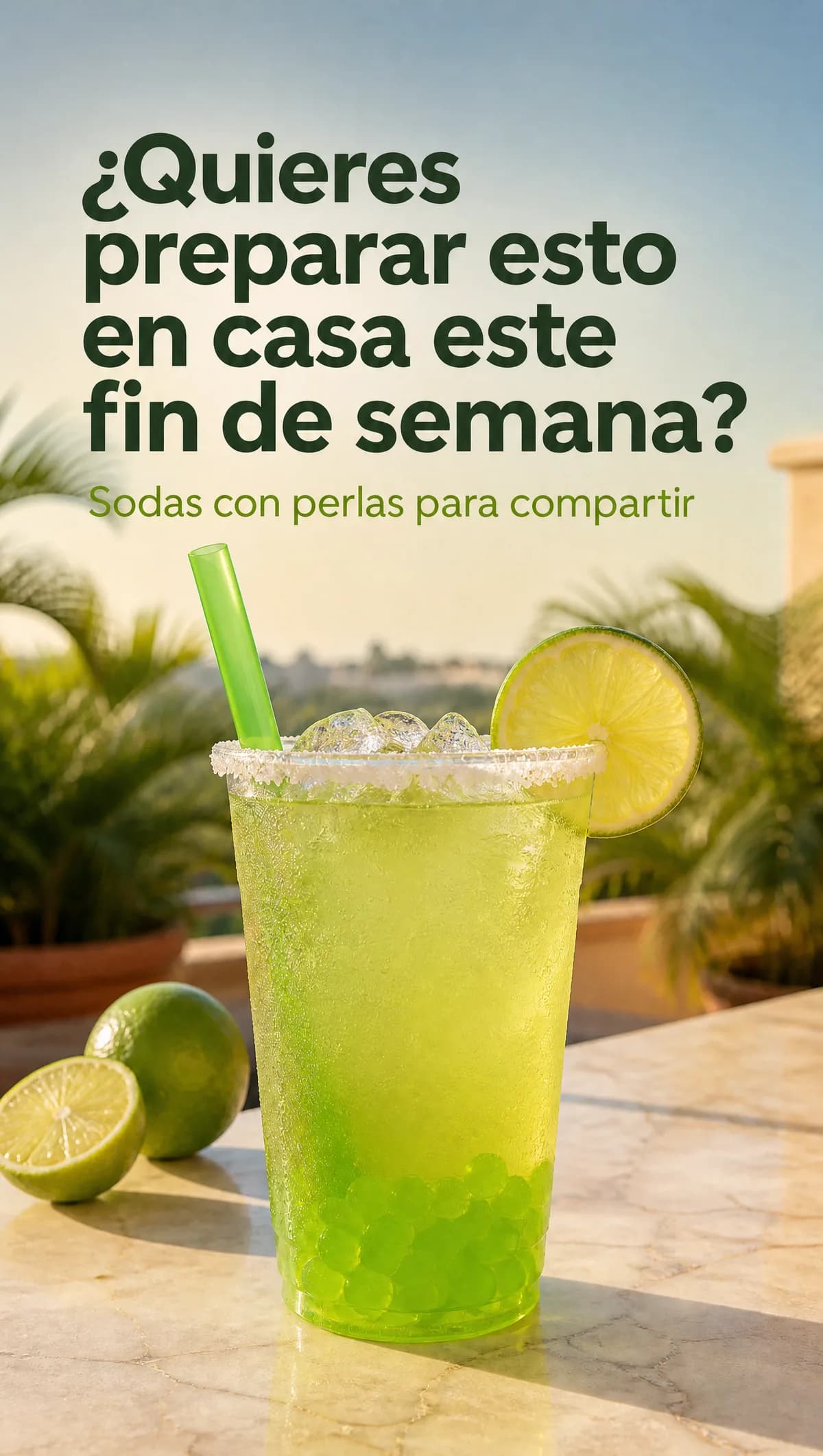 Soda verde de limón con hielo y perlas explosivas LiquiPops servida al atardecer, con limones frescos — prepara esta soda con perlas en casa el fin de semana