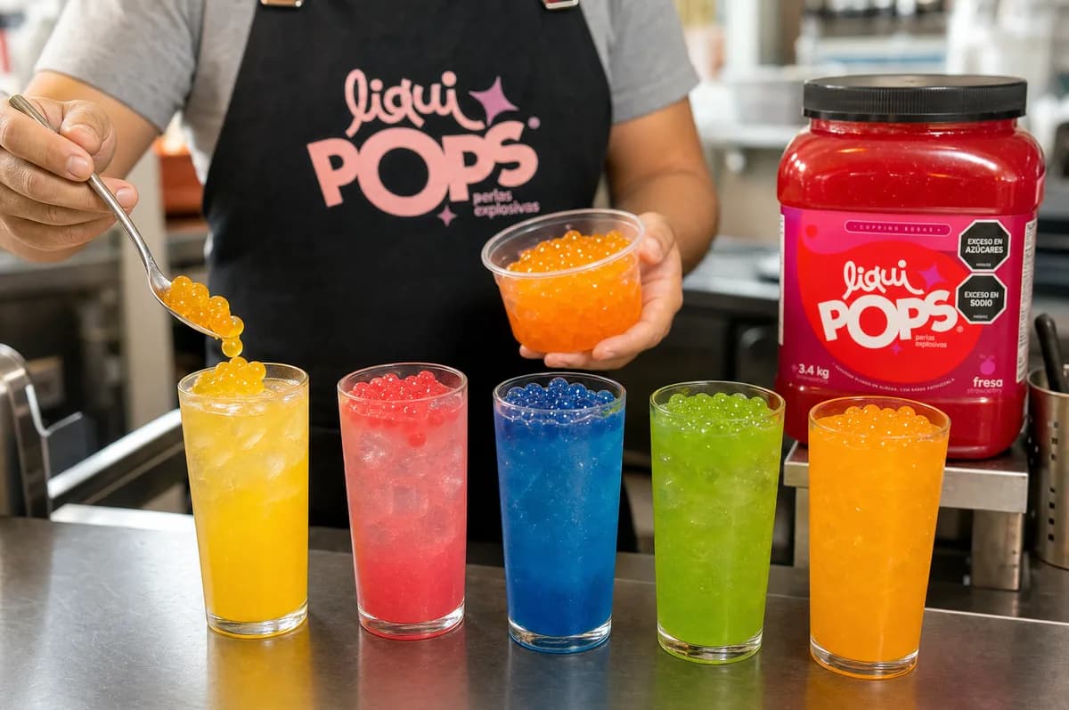 Sodas locas de colores con perlas explosivas LiquiPops surtidas y el tarro de fresa de fondo