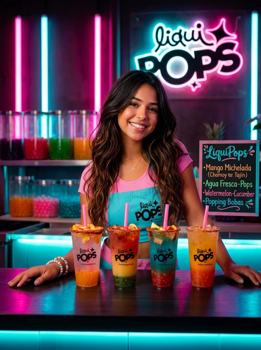 Sodas locas frutales en colores variados con perlas explosivas LiquiPops — cuatro vasos sobre barra con pizarra de menú