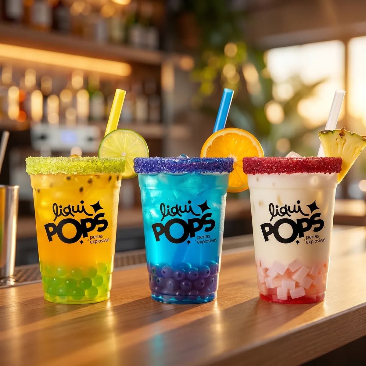 Tres sodas locas escarchadas en maracuyá, curazao azul y coco con perlas explosivas y jellys LiquiPops — primer plano en barra