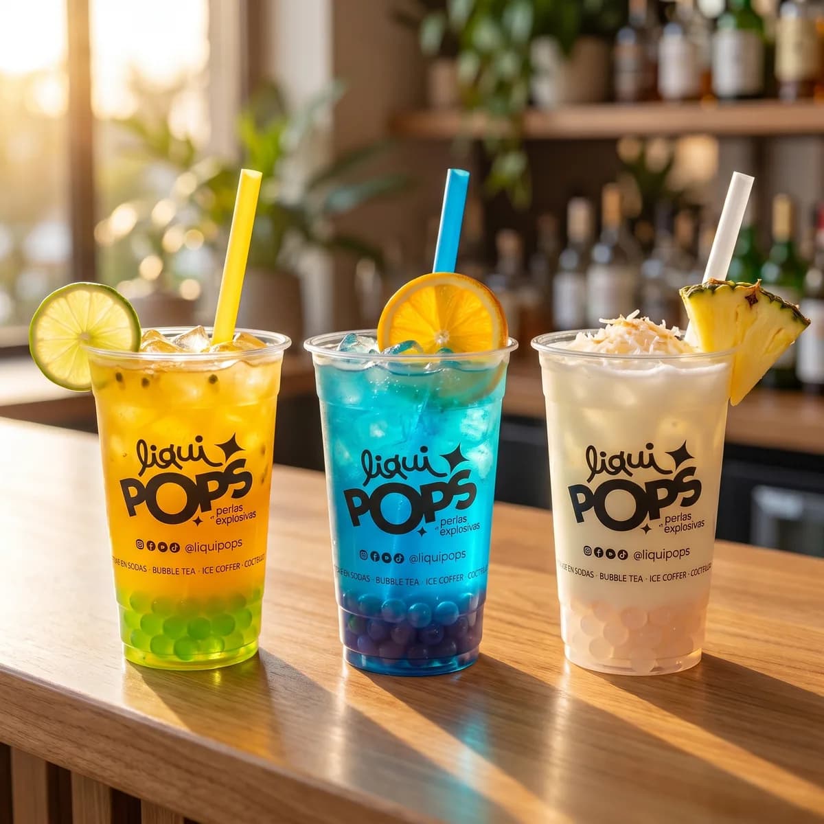 Tres sodas locas en maracuyá, curazao azul y coco-piña con perlas explosivas LiquiPops, decoradas con limón, naranja y piña — barra de bar