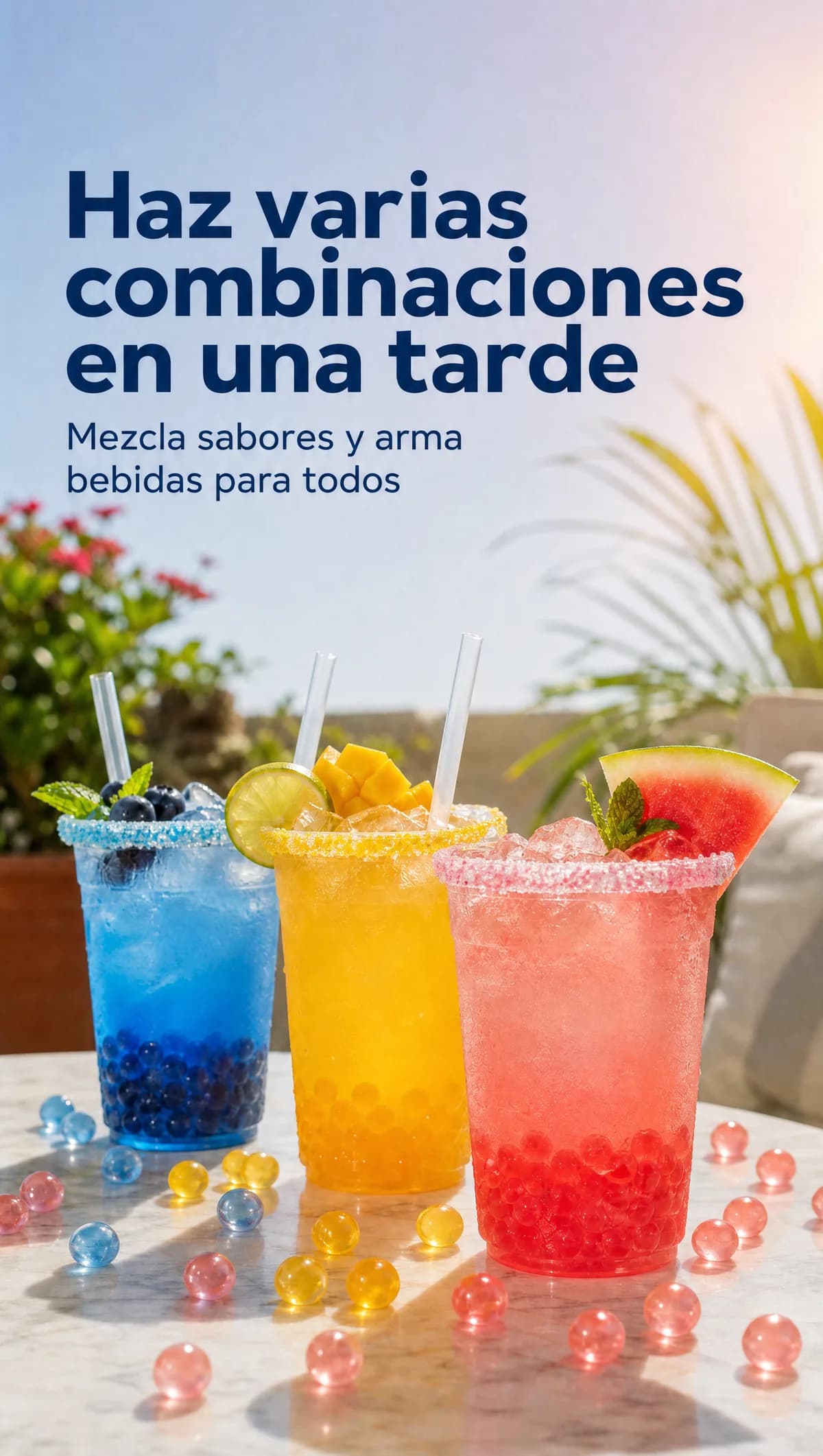 Tres sodas locas (azul, amarilla y roja) con perlas explosivas LiquiPops servidas en vasos al aire libre — combina sabores y arma bebidas para todos