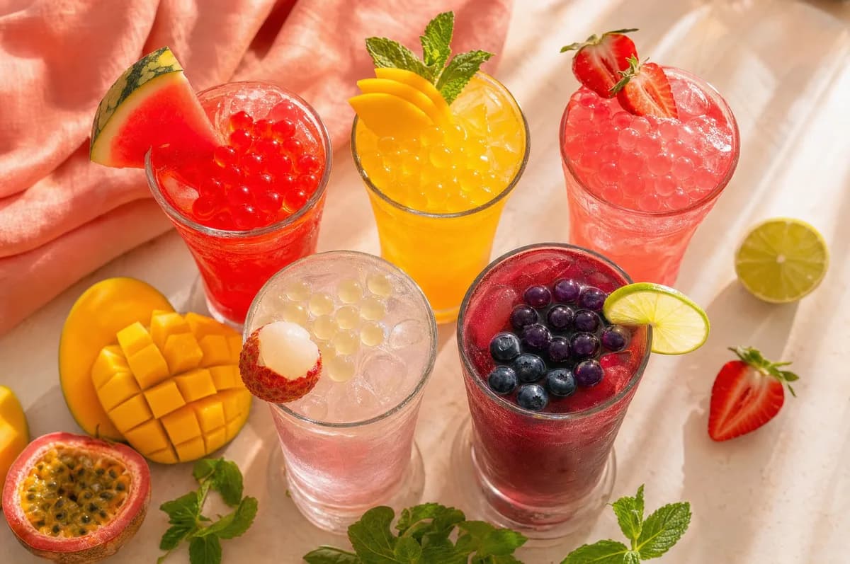 Cinco sodas de sabores con perlas explosivas LiquiPops de colores, decoradas con sandía, mango, fresa, lichi y mora azul