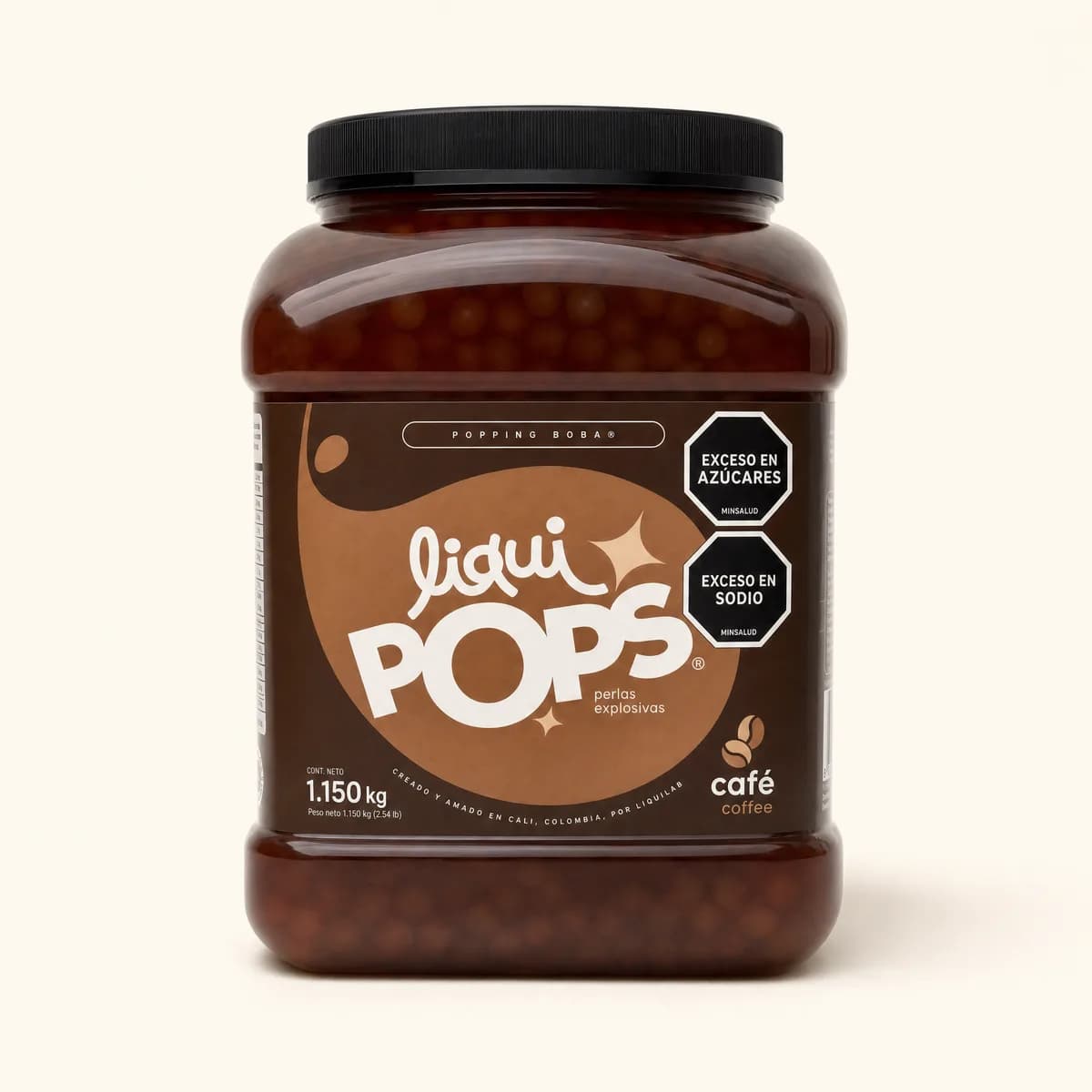 Tarro de perlas explosivas LiquiPops sabor cafe de 1.150 kg con perlas marrones a la vista — popping boba para bebidas de cafe